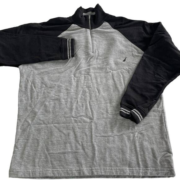 Nautica Sweater Mens Large Gray Black Colorblock 1/4 Zip Fleece Pullover Cotton - Picture 1 of 6